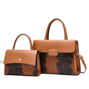 Brown crocodile texture handbag set with tote bag and smaller purse in two-tone leather