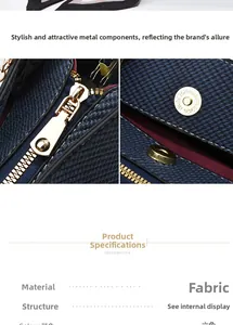 Détail du sac à main en tissu tressé bleu avec fermeture éclair dorée et fermoir magnétique