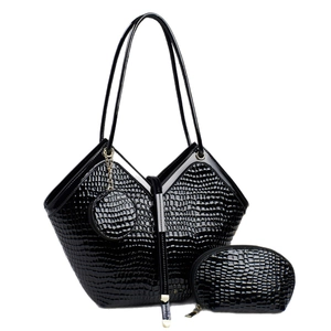 Elegant black crocodile texture tote bag set with high-gloss finish and small pouch