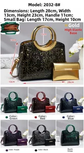 Détail de l'ensemble sac à main en cuir verni avec gaufrage floral et dimensions précises
