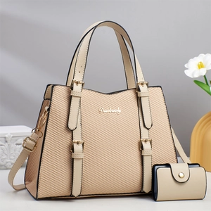 Minimalist beige woven tote bag set with matching wallet and adjustable shoulder strap