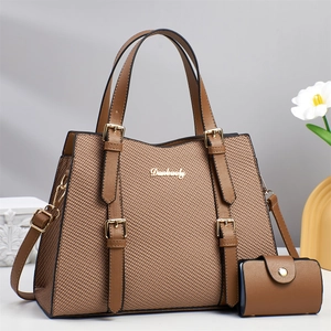 Brown woven texture tote bag set with adjustable shoulder strap and small pouch