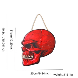 Red skull wood cutout sign for Halloween party decor with rope hanger 40.5cm height