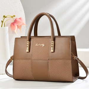 Fashion brown patchwork tote bag with large capacity and elegant woven leather design