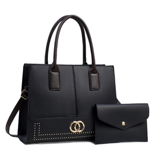 Schicke schwarze Tragetasche und Clutch-Set mit braunen Griffen und Goldbeschlägen