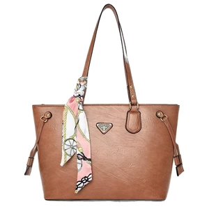 Brown faux leather tote bag for women with silk scarf handle and metal logo plaque