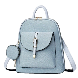 Minimalist light blue denim texture backpack with matching round pouch and gold hardware
