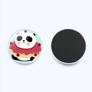 Detailed front and back view of 25mm panda donut glass fridge magnet with magnetic back