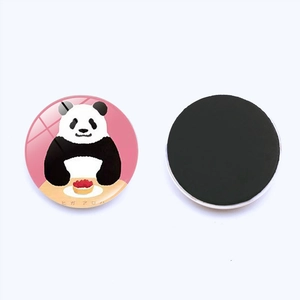 Close-up of cute panda round glass fridge magnets showing both front and magnetic back sides