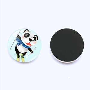 Front and back detail of 25mm panda fridge magnet with skiing design and black magnetic base