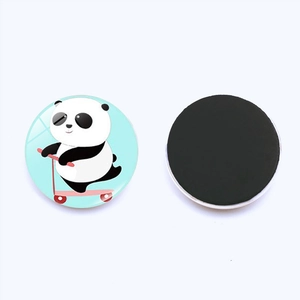 Cute panda on scooter glass fridge magnet with 25mm round magnetic backing decoration