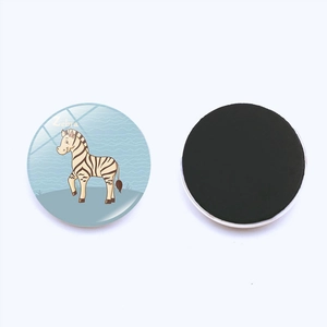 Detailed front and back view of a 25mm round zebra magnet with strong magnetic backing