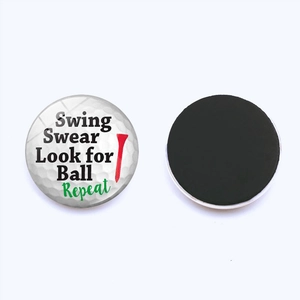 Front and back detail of a golf fridge magnet featuring funny swing slogan and round magnet