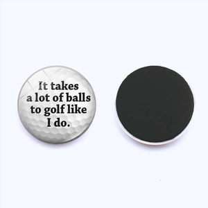 Detail view of golf fridge magnet with humor text and round magnetic backing