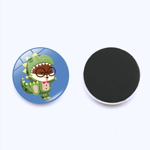 Detailed view of round 25mm dinosaur bear glass magnets showing front and magnetic back