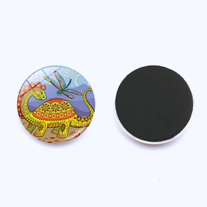 Detailed front and back view of a 25mm glass dome cartoon dinosaur magnetic fridge magnet