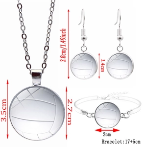 Silver volleyball sports jewelry set with necklace, earrings, and bracelet on white background