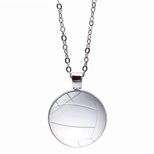 Silver volleyball pendant necklace with sporty round glass dome on white background