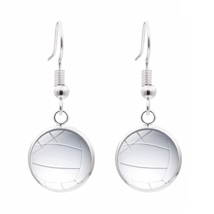 Silver drop earrings featuring a round volleyball pattern pendant for sports enthusiasts