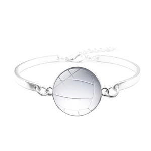 Detail view of a silver volleyball charm bracelet with adjustable chain and lobster clasp