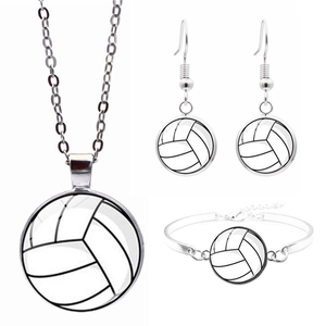 Three-piece silver volleyball jewelry set with necklace, drop earrings, and bangle bracelet