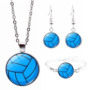 Blue volleyball jewelry set with necklace bracelet and earrings in silver metal finish