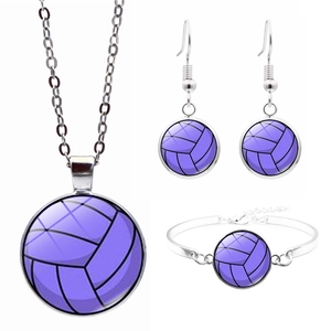 Detail view of purple volleyball jewelry set including glass cabochon necklace and bracelet