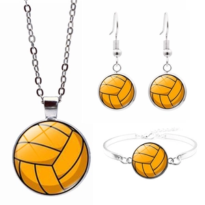Detailed set of volleyball jewelry featuring orange cabochon necklace, earrings, and bracelet