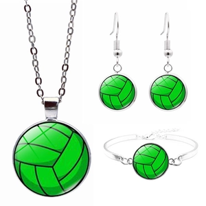 Detail of volleyball theme jewelry set with glass cabochon pendant and silver-plated finish