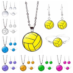 Volleyball Pendant Necklace Bracelet And Hook Earrings Alloy Glass Cabochon Sports Theme Jewelry For Athlete Fans