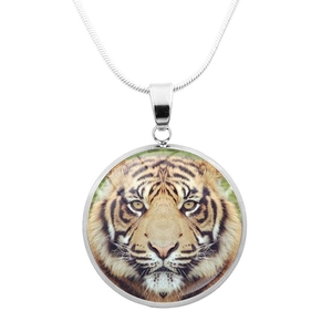 Dettaglio ravvicinato della collana con ciondolo a testa di tigre in argento e vetro