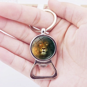 Multi-functional lion head glass bottle opener keychain in polished silver metal finish