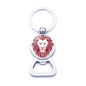 Close-up of metal bottle opener keychain with glass dome lion head logo insert