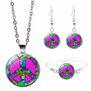Gothic Peace Sign Jewelry Set Alloy Glass Cabochon Floral Boho Retro Style Necklace Hook Earrings Bracelet For Women