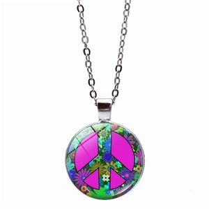 Gothic peace sign glass pendant necklace with floral pattern and silver chain