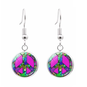 Gothic silver peace sign earrings with pink floral patterns and glass dome pendants