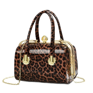 Modische Handtasche mit Leopardenmuster aus Lackleder mit Goldrahmen und Perlenverschluss