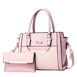 Pink faux leather shoulder bag set with snake pattern panel and gold-tone hardware