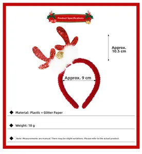 Detailed view of red glitter reindeer antler headband with white faux fur and plastic frame