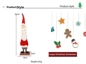 Detail view of tall wooden Santa ornament with white knit beard and dimensions 31x8cm