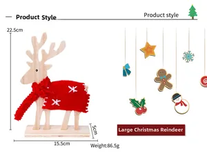 Detail view of large wooden Christmas elk ornament with red scarf and size dimensions