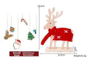 Detailed view of a small wooden Christmas reindeer with red felt scarf and holiday charms