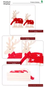 Detail view of two felt Christmas reindeer ornaments with wooden bases and star patterns