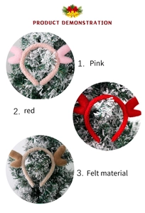 Detail of plush Christmas reindeer antler headbands in pink, red, and brown felt material
