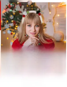 Close-up of reindeer antler headband with sequins and mini pom-poms for Christmas party