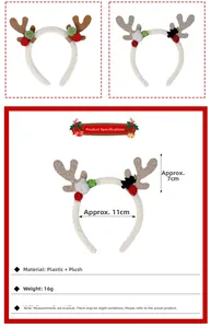 Detailed view of Christmas reindeer antler headbands with plush balls and size dimensions
