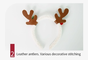 Detail of Christmas reindeer antler headband with white faux fur and colorful plush balls