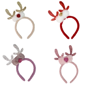 Christmas reindeer antler headbands with sequins and plush fabric in four assorted colors