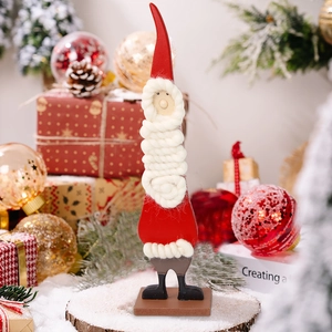 Nordic wool felt Santa Claus gnome ornament with long red hat and wooden base decor