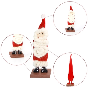 Red wool felt Santa Claus desktop figurine with wooden base and knitting details
